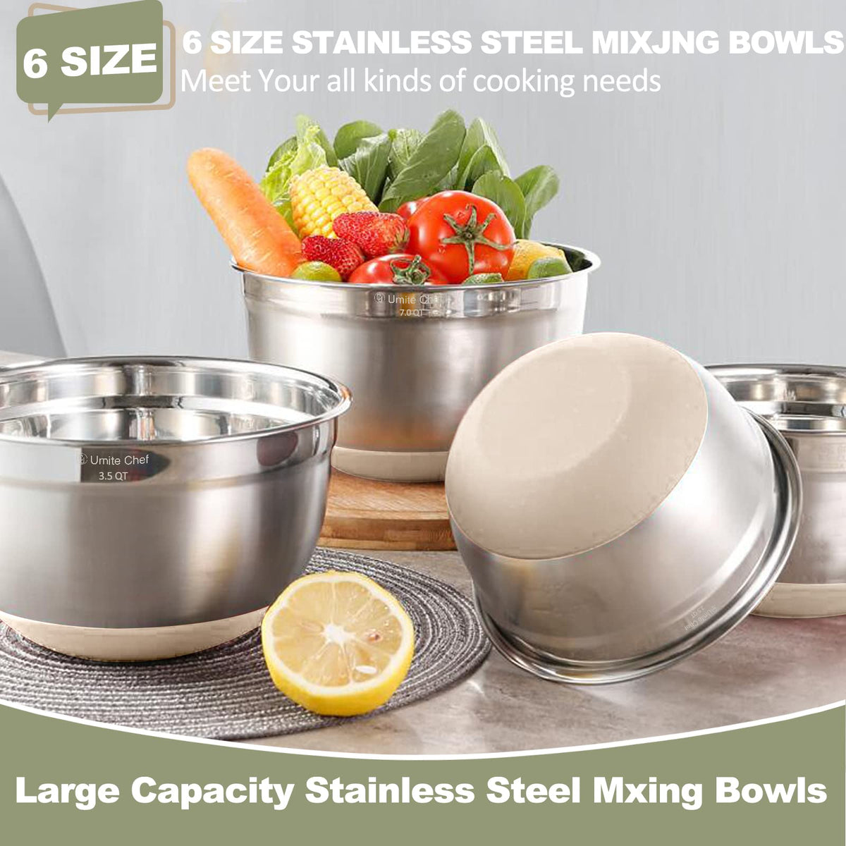 Umite Chef bowls with non-slip silicone bottoms stay steady while whisking.