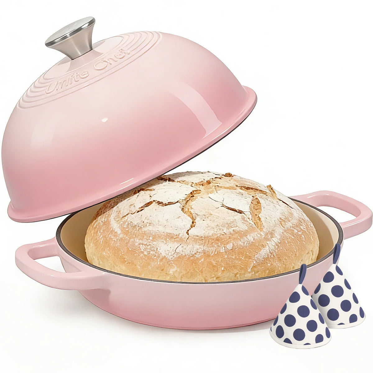 Umite Chef cast iron Dutch Oven front view highlighting heat retention for crispy bakery crust.