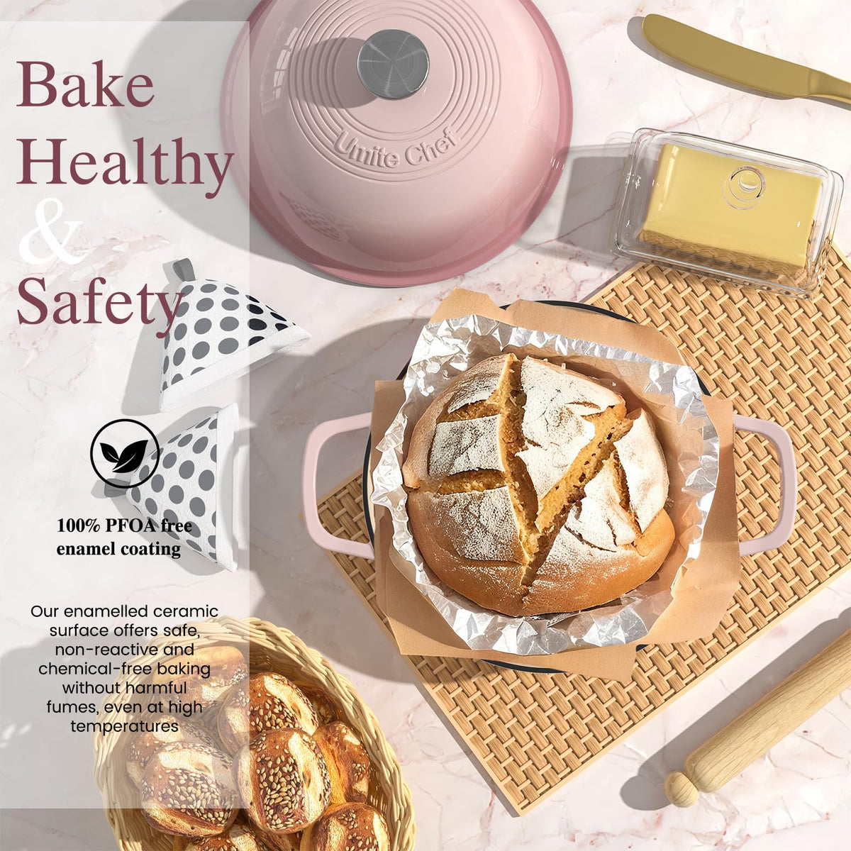 Umite Chef cast iron Dutch Oven with dome lid on, demonstrating steam for airy bread.