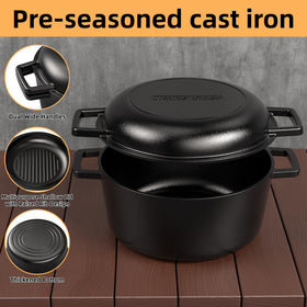 Umite Chef cast iron with safe, silicone-protected handles for outdoor cooking.