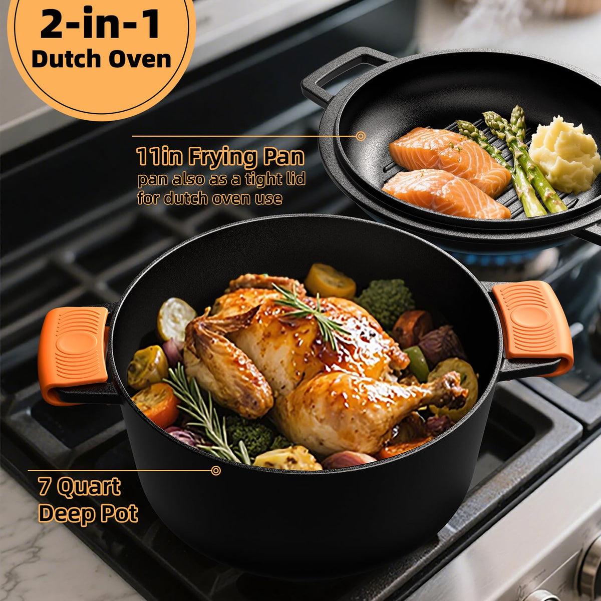 Umite Chef dual handles offer secure grip for oven, grill, or campfire.