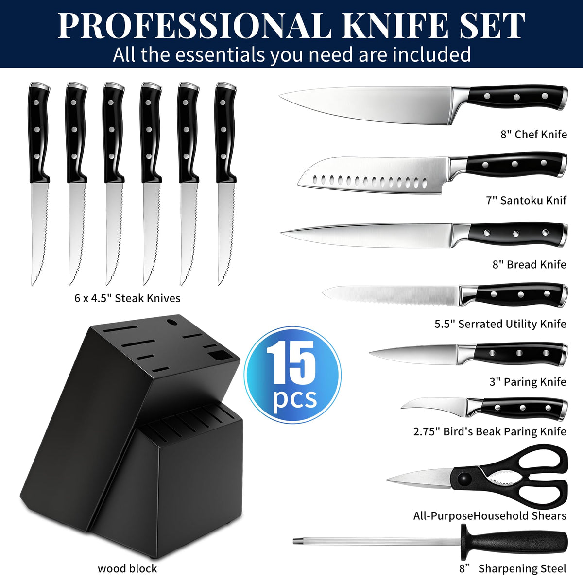 Umite Chef durable knife block keeps the set organized and accessible.