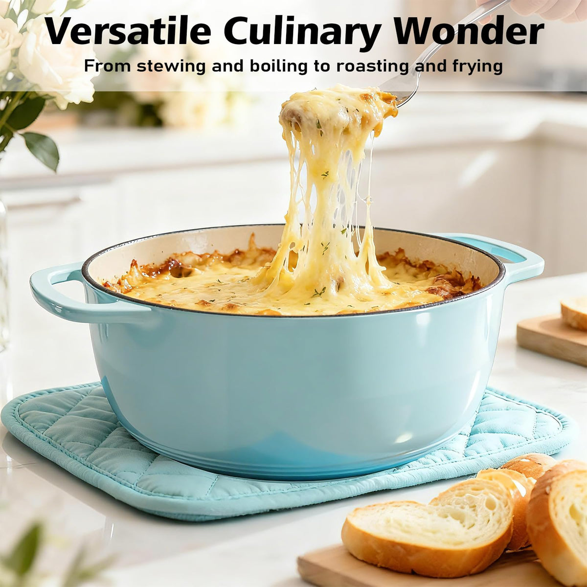 Umite Chef Dutch Oven on stovetop and in oven for versatile cooking blue.