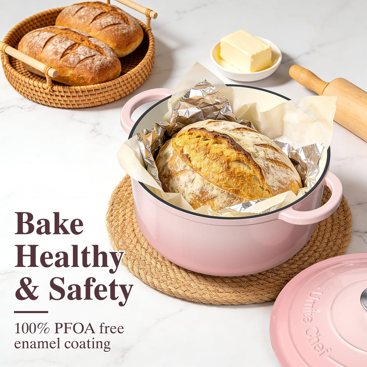 Umite Chef 7QT pink Dutch oven side handles provide a safe grip