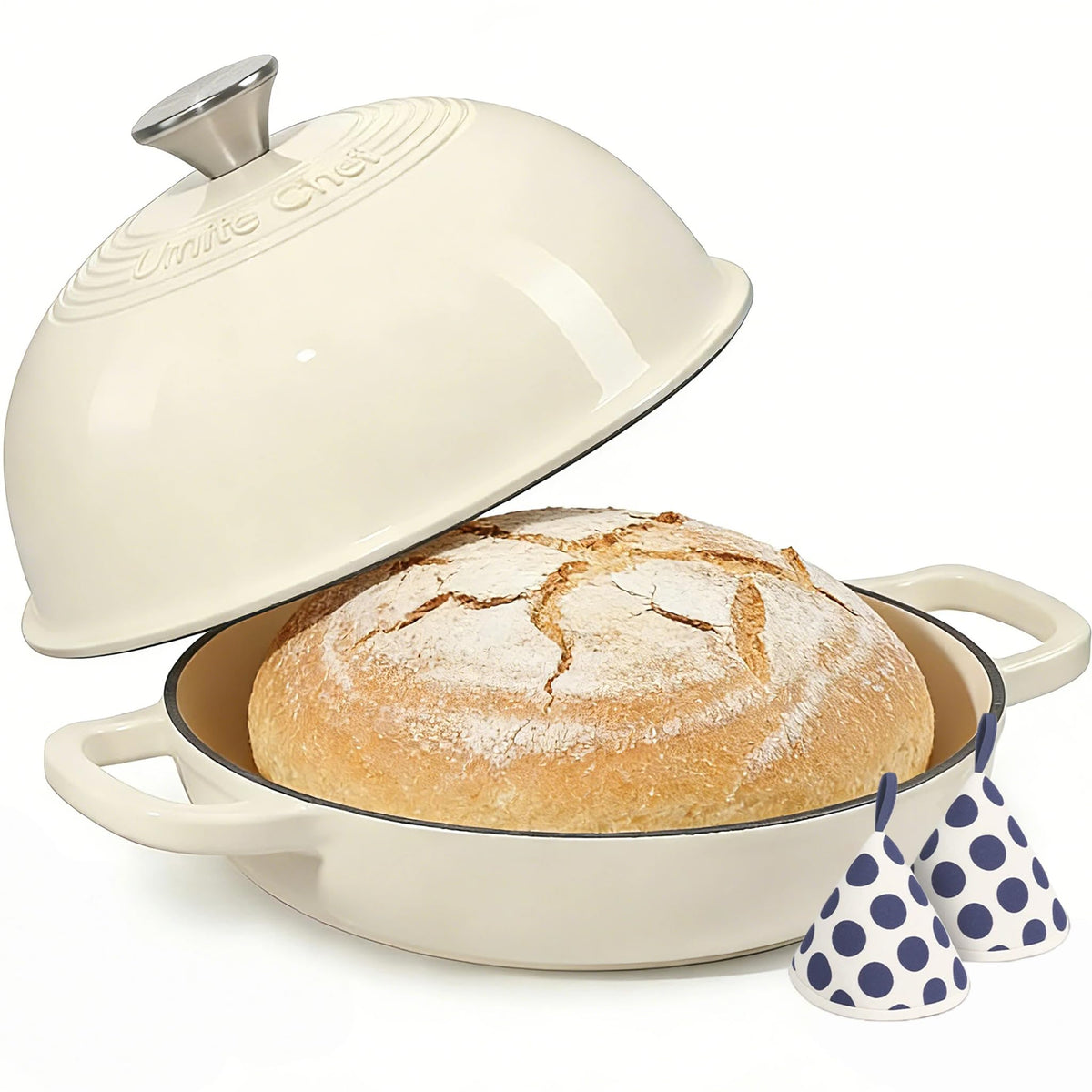 Umite Chef enameled round cast iron bread oven 6qt ready for artisan loaves and even crusts.