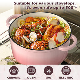Wide handles provide secure grip on hot pot with mitts.