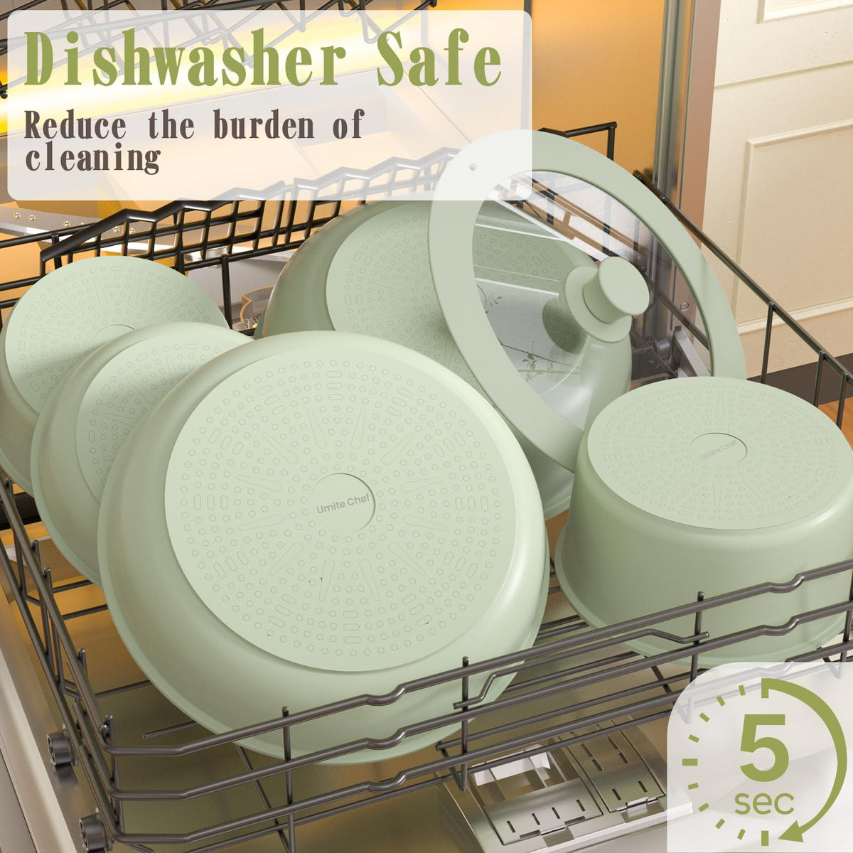 Umite Chef glass lids with silicone rims help monitor cooking.