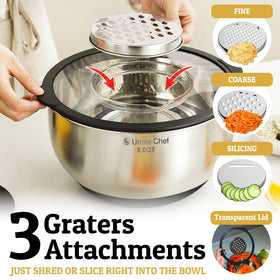 Umite Chef three graters attach to bowls for slicing, grating, and shredding.