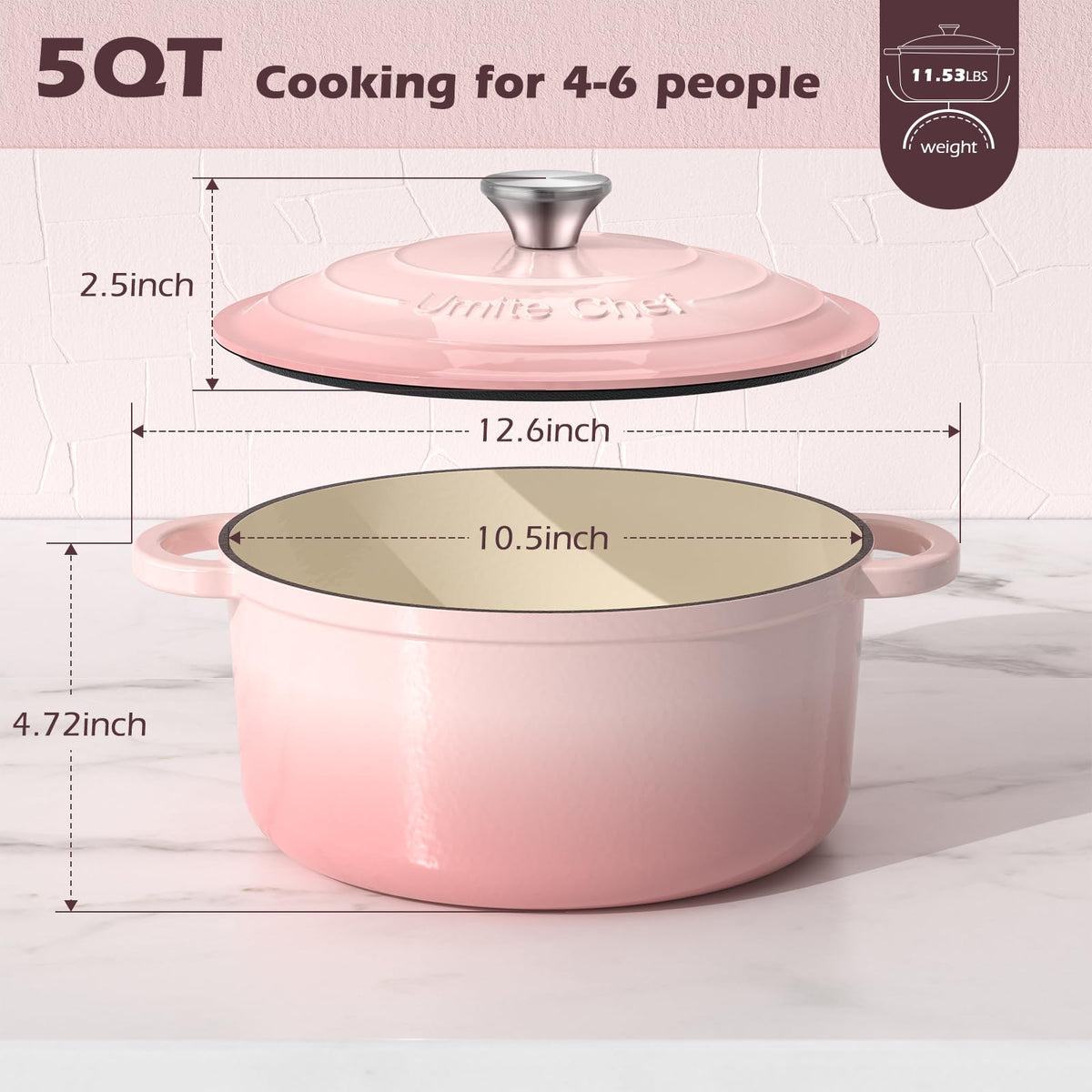 Umite Chef enamel pot retains heat for even cooking.
