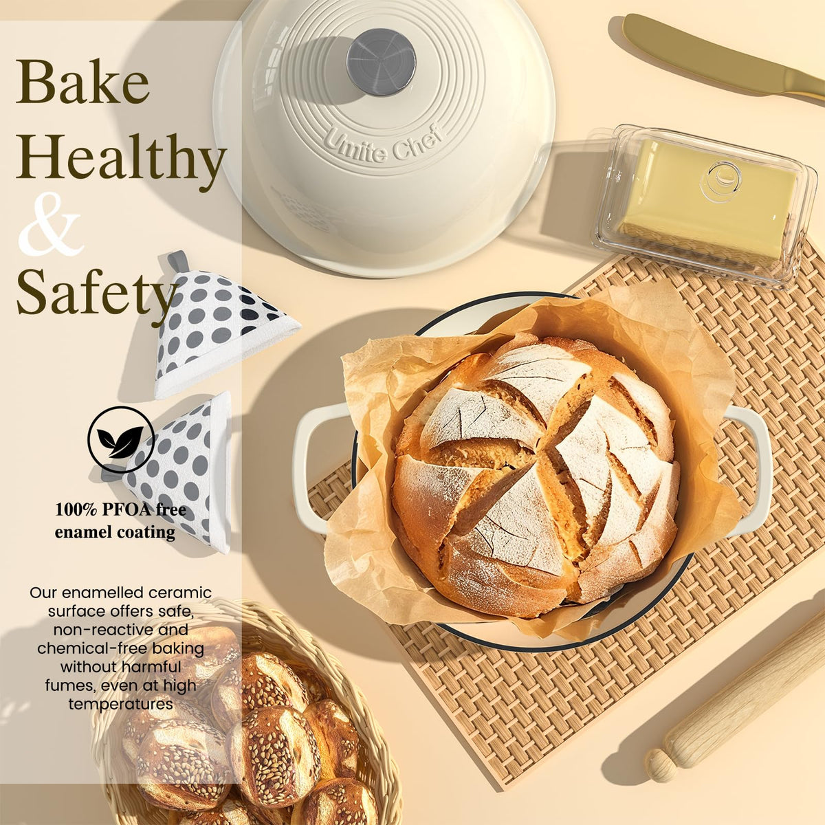 Umite Chef enamelled cast iron retains even heat for consistent roasts and stews.