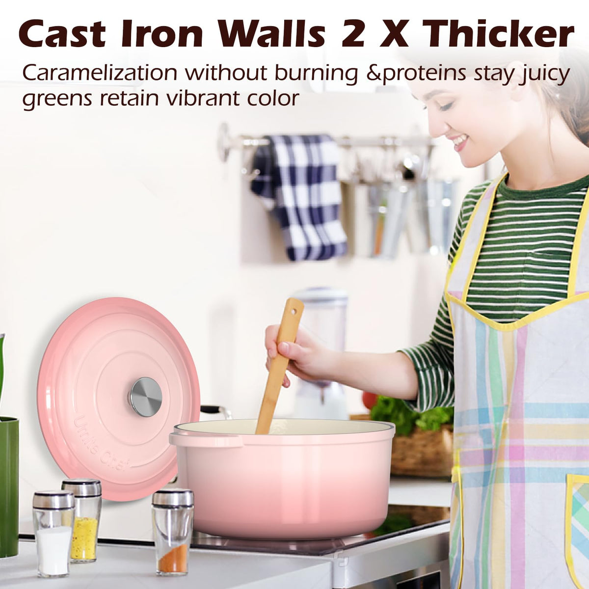 Cotton oven mitts included for safe handling of hot cookware.