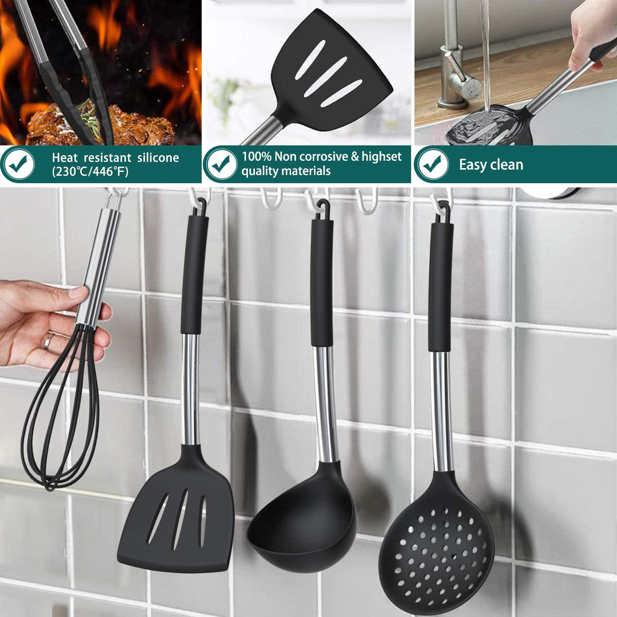 Umite Chef kitchen tongs with gray holder for organized counter storage.