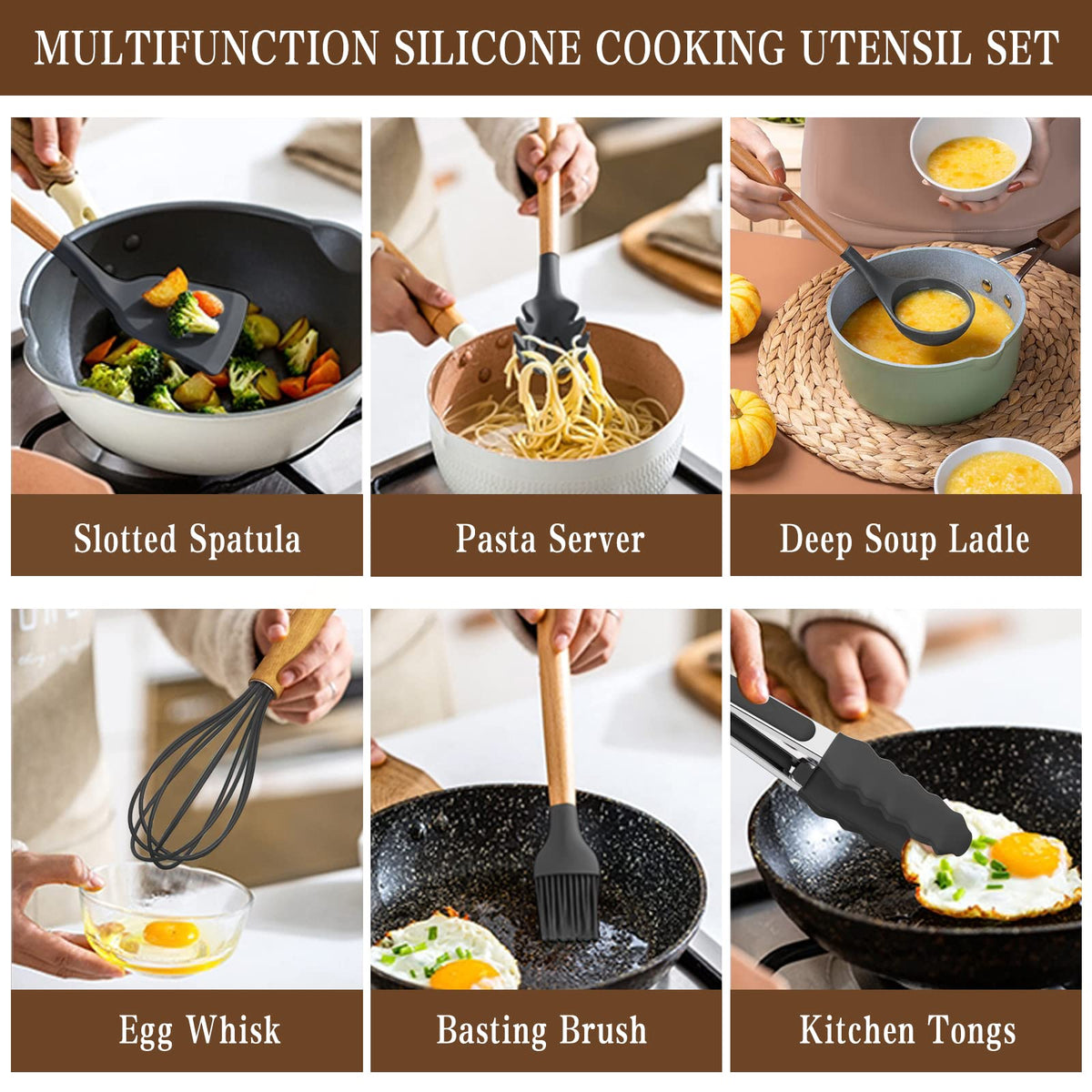 Umite Chef ladle with wooden handle in gray for comfortable stirring