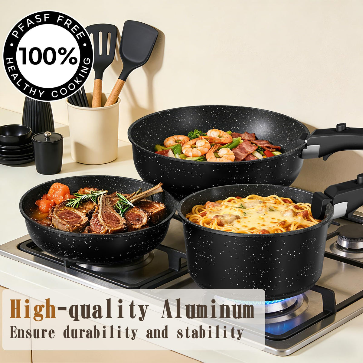 Umite Chef mineral-reinforced granite coating highlights nonstick performance with minimal oil.