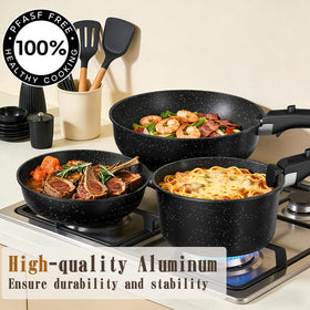 Umite Chef mineral-reinforced granite coating highlights nonstick performance with minimal oil.