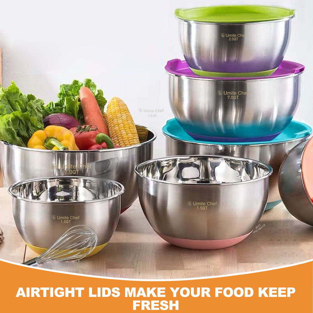 Umite Chef 2.5qt bowl with airtight lid for large batters.