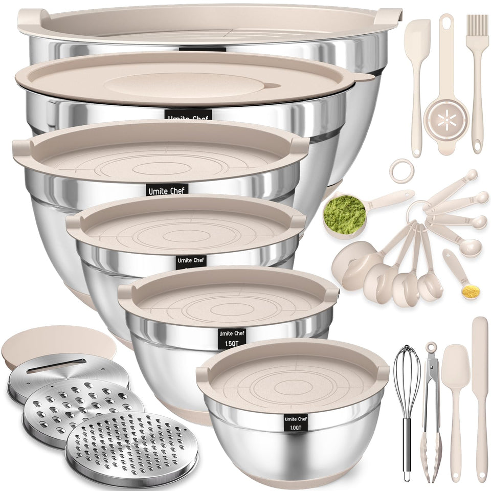 Umite Chef mixing bowls with airtight lids for fresh storage and spill prevention.