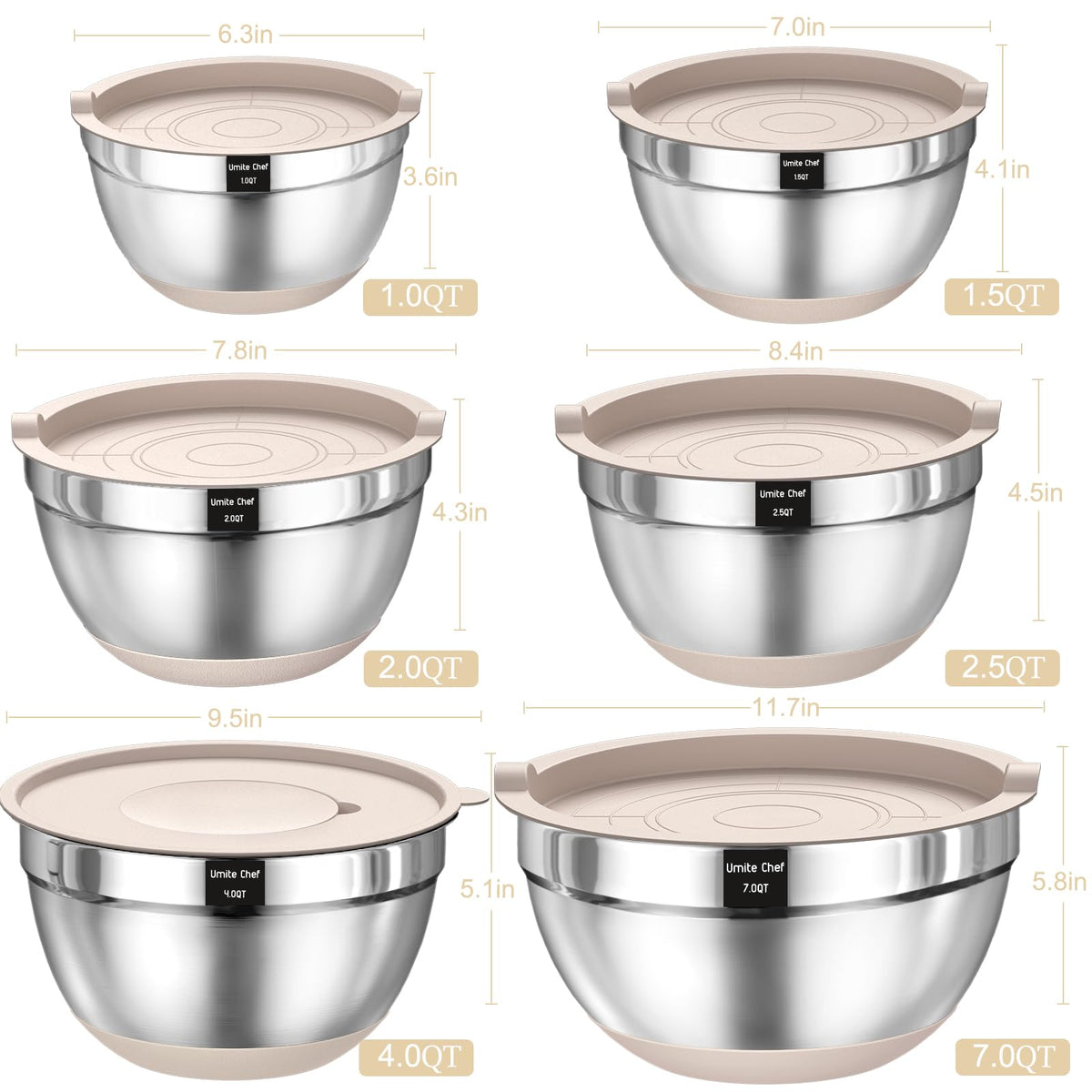 Umite Chef bowls with three grater attachments for slicing, grating, and shredding.