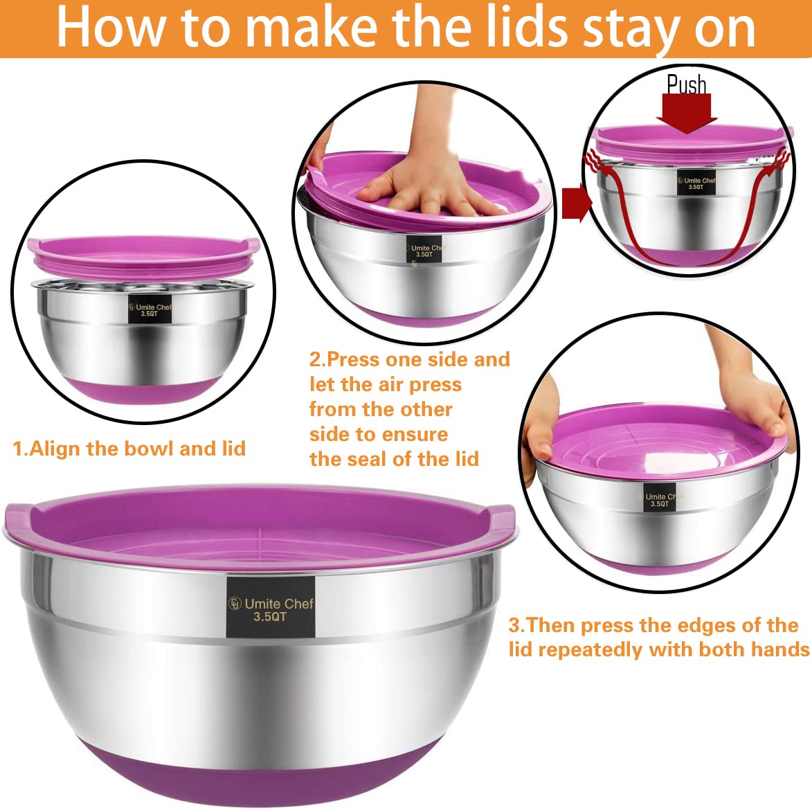 Umite Chef mixing bowls with non-slip silicone bottoms for stable mixing.