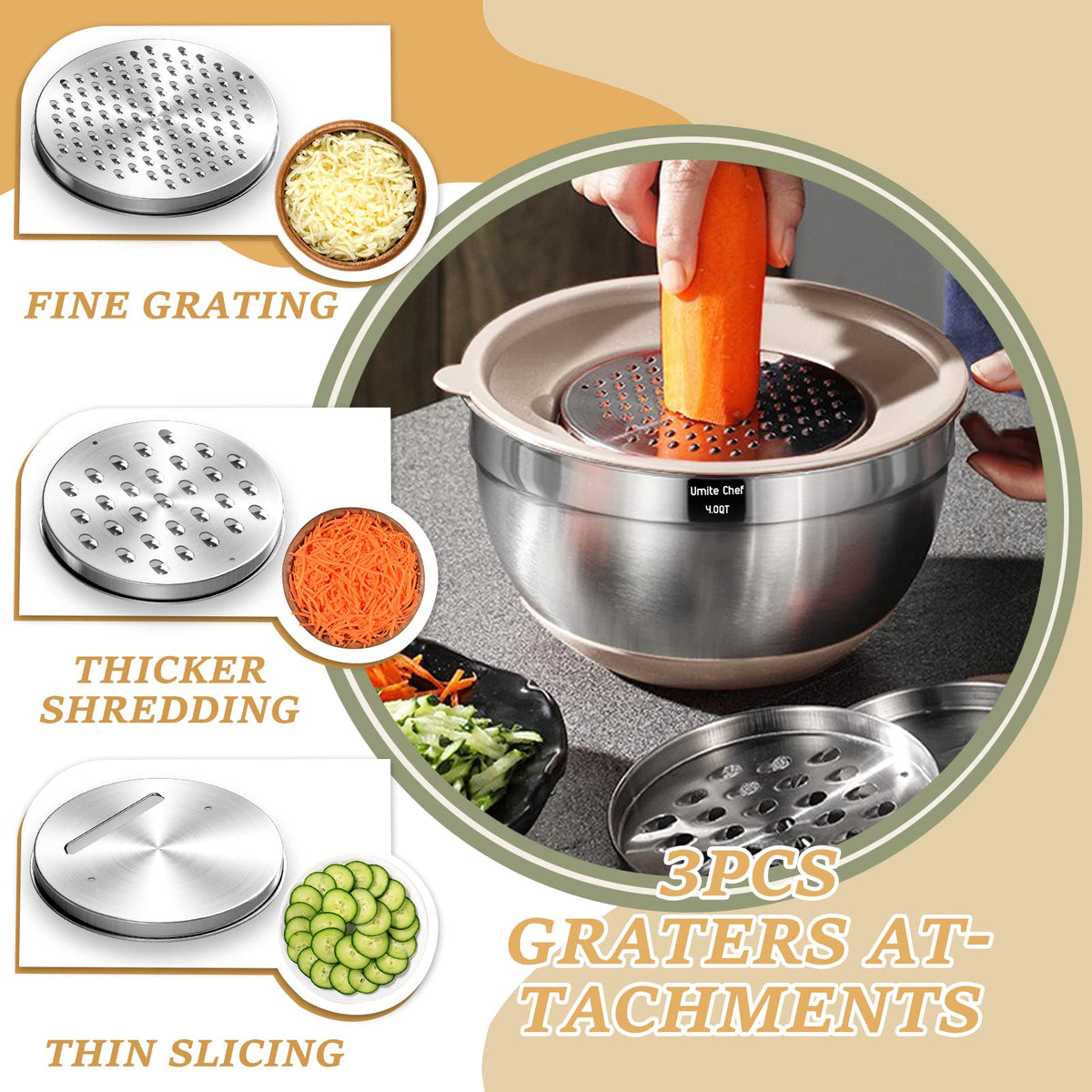 Umite Chef mixing bowls with non slip bottoms stay steady while mixing on the counter.