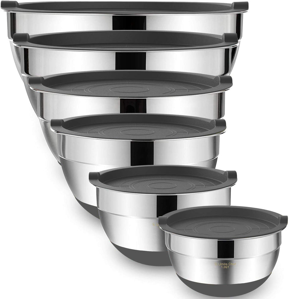 Umite Chef mixing bowls with airtight lids for fresh storage and easy stacking.