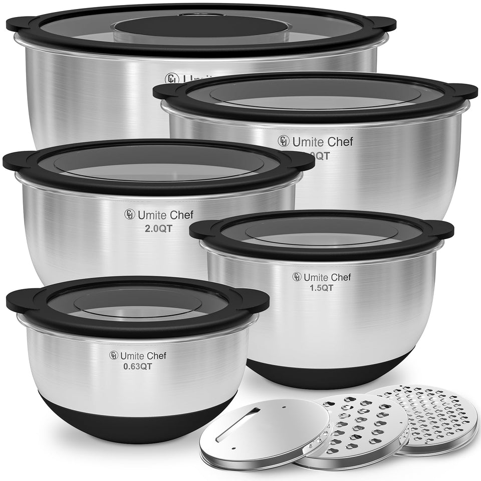 Umite Chef mixing bowls with lids set show warp-proof lids for a leakproof seal.