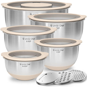 Umite Chef mixing bowls with warp-proof lids seal liquids securely.