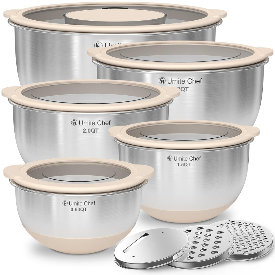 Umite Chef mixing bowls with warp-proof lids seal liquids securely.