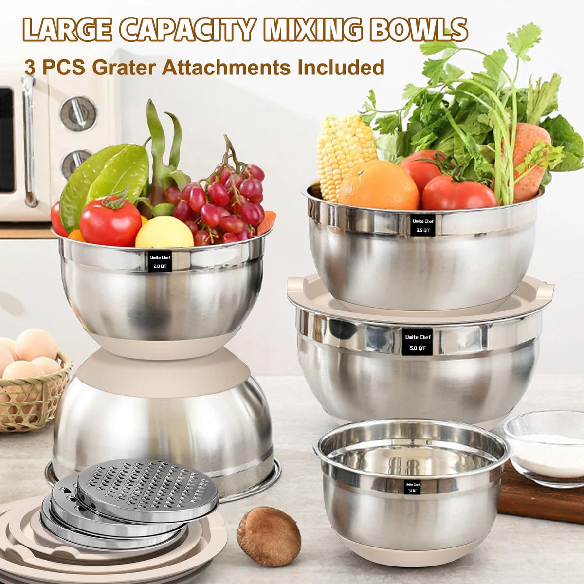Umite Chef nesting bowls save counter space when not in use.