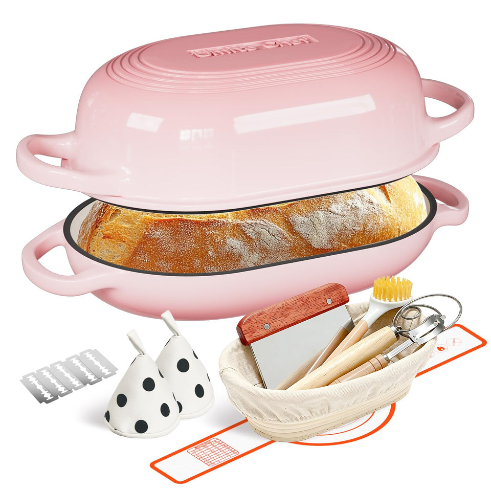 Umite Chef pink enamelled sourdough oven lid for even heat and bakery crust