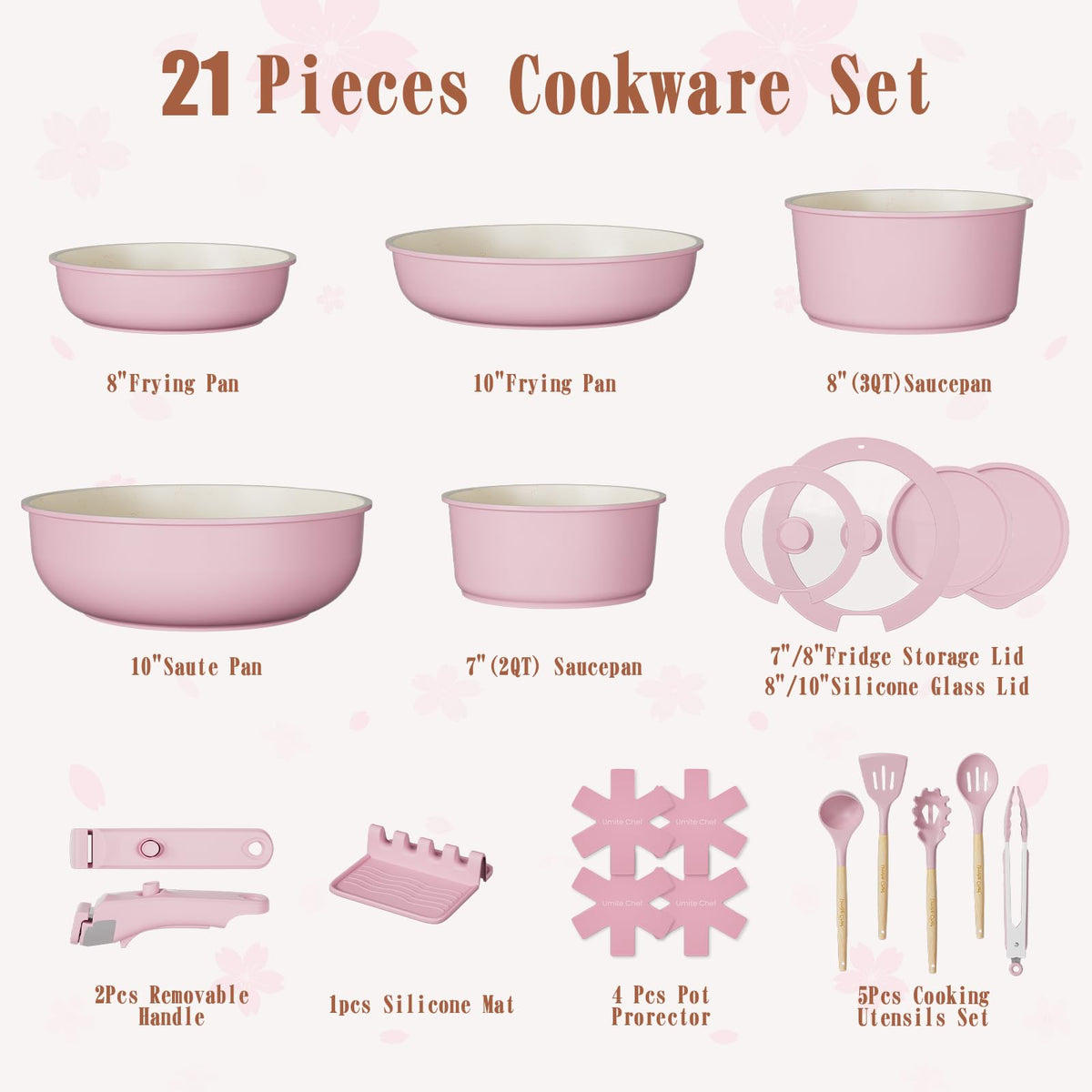 Umite Chef removable handle cookware showcases space-saving design for compact storage.