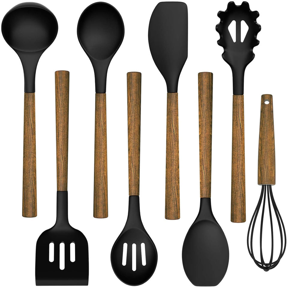 Umite Chef silicone ladle with acacia handle ideal for smooth stirring and serving hot soups.