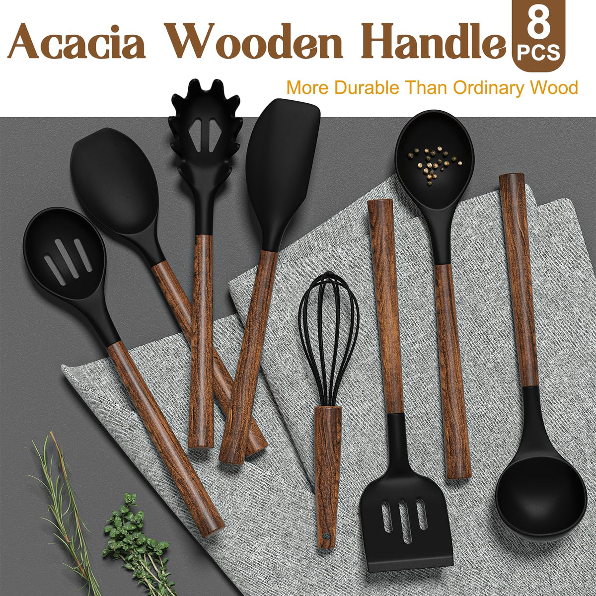 Umite Chef silicone serving spoon with acacia handle for safe contact with nonstick cookware.