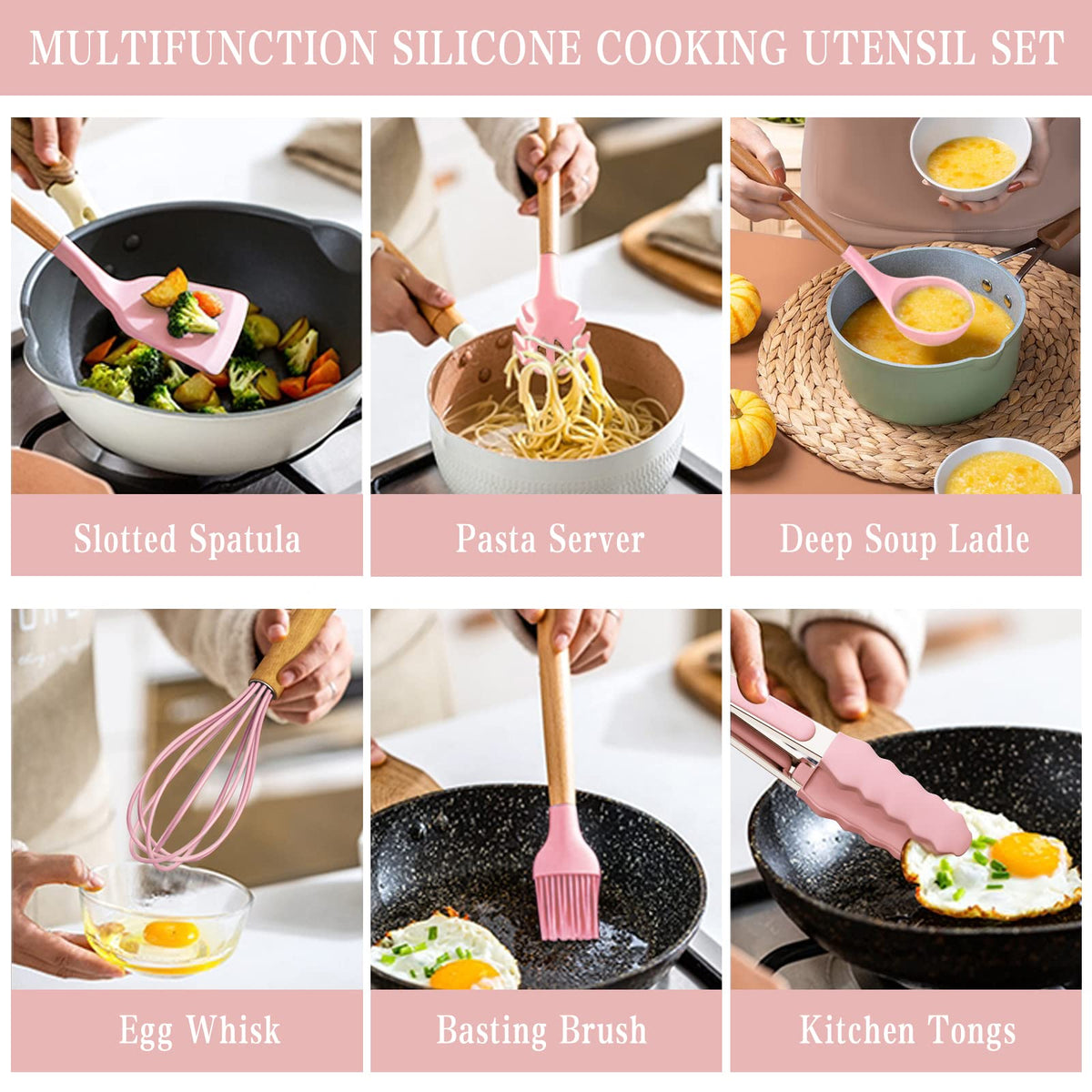 Serving spoons in pink silicone ideal for serving without sticking.