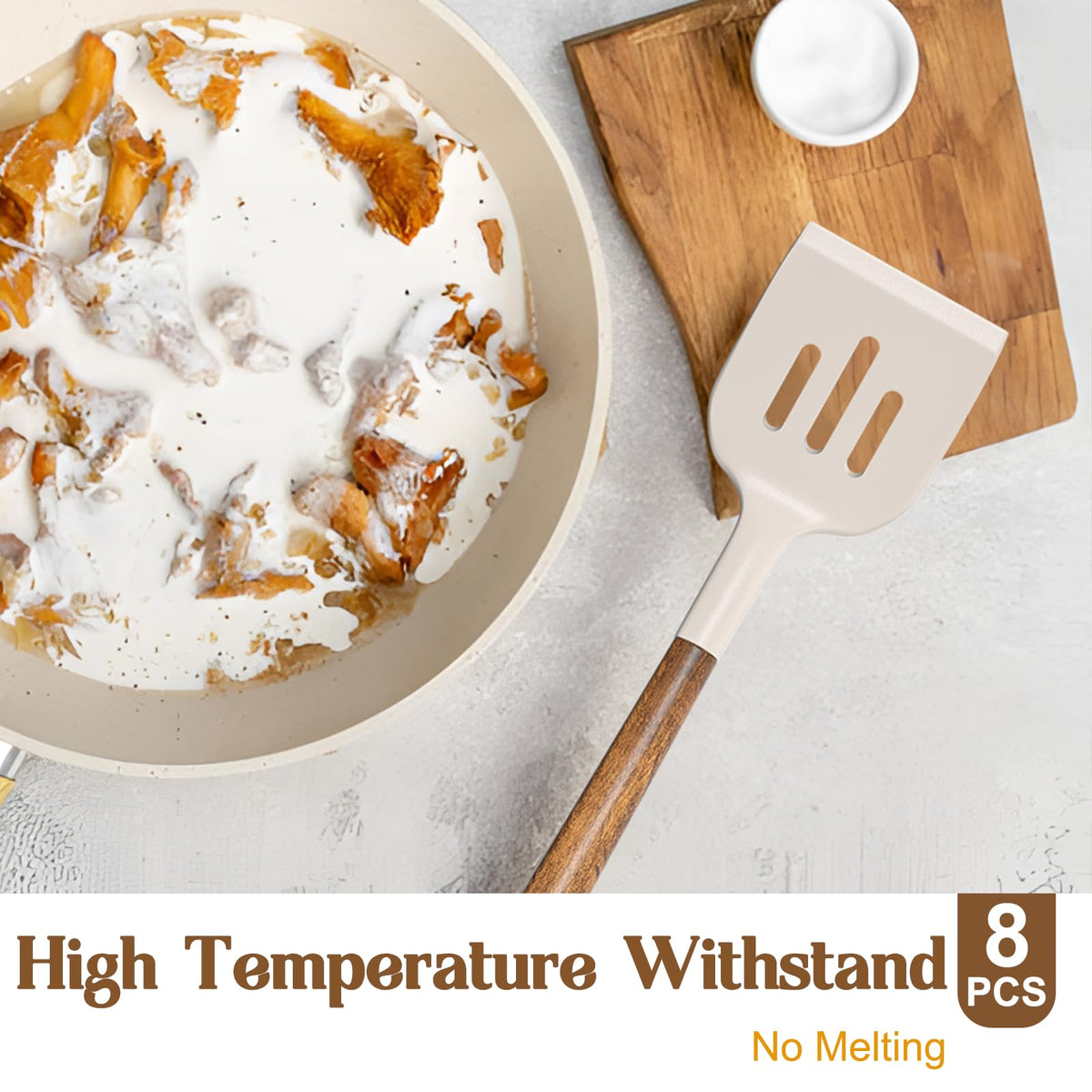 Umite Chef silicone head resists heat up to 230°C protecting cookware.