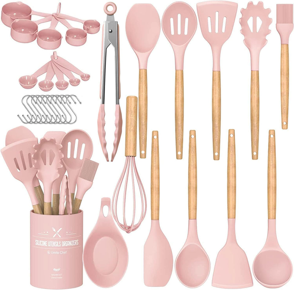 Umite Chef silicone utensils set on stand for organized cooking convenience.