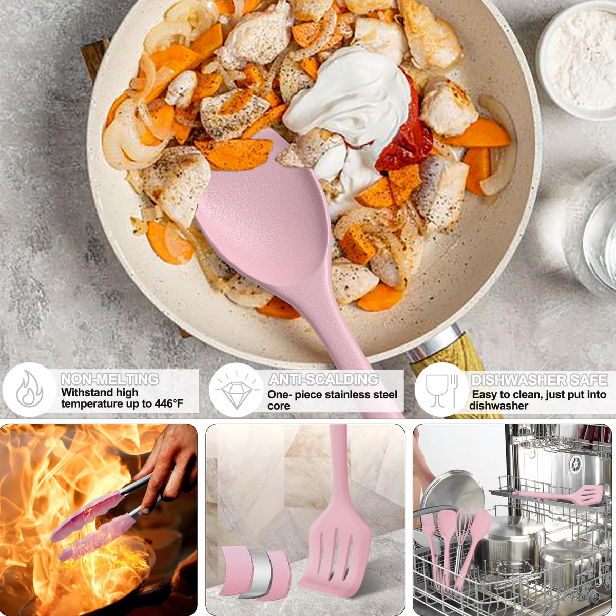 Umite Chef slotted spoon pink drains liquids safely.