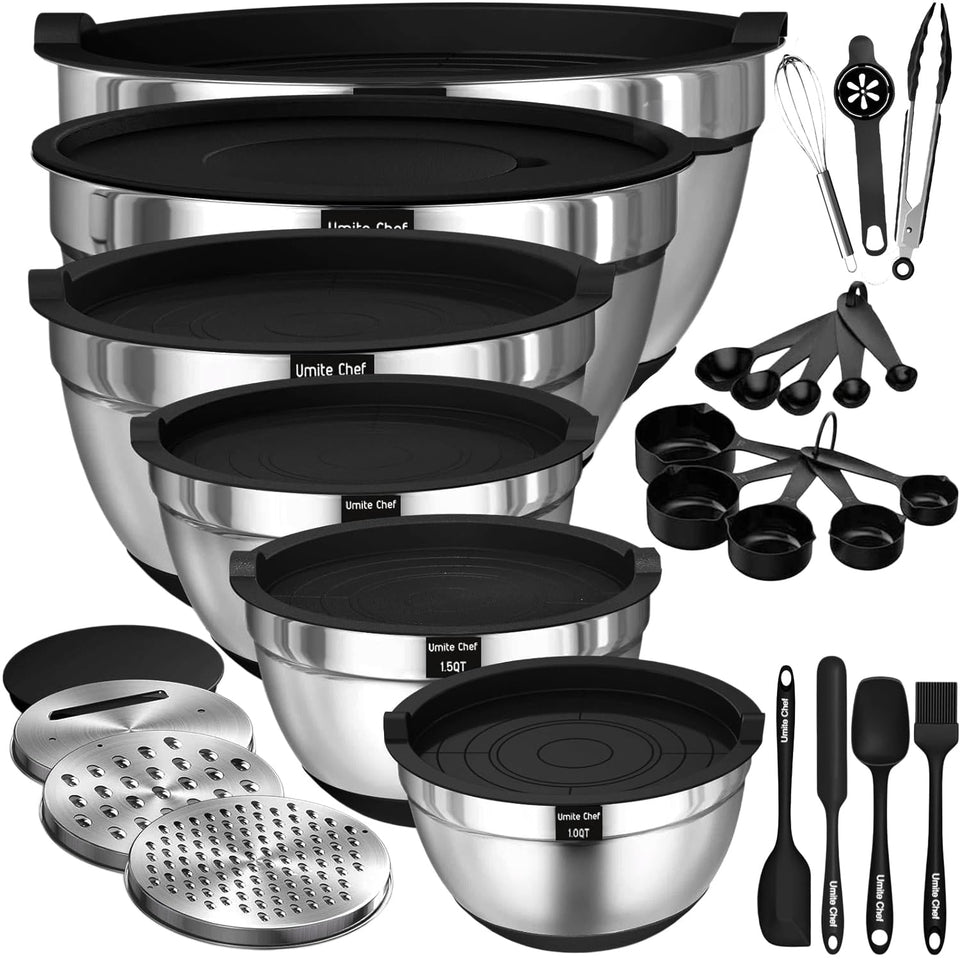 Umite Chef stainless steel bowls with lids and attachments for secure storage