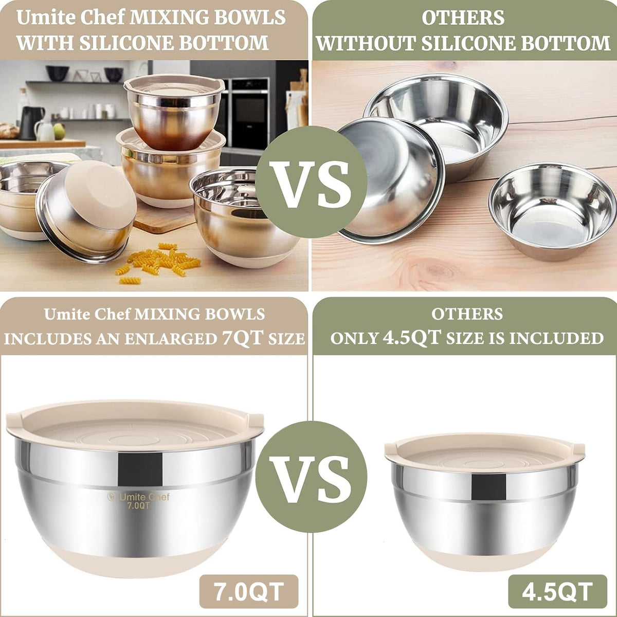Umite Chef stainless steel bowls with satin exterior and mirror interior resist fingerprints.