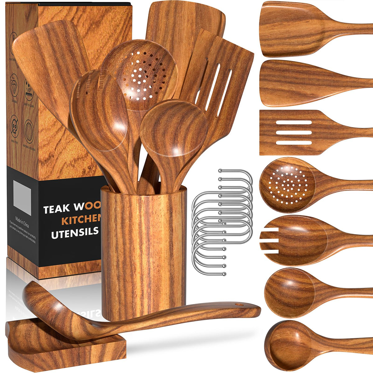 Umite Chef teak utensil set with holder for organized kitchen storage and accessibility