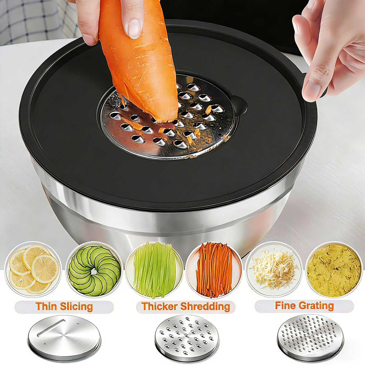 Umite Chef bowls with three grater attachments for slicing, grating, shredding