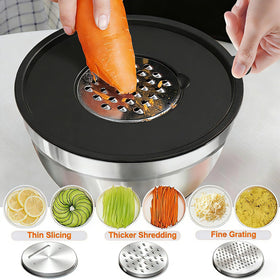 Umite Chef bowls with three grater attachments for slicing, grating, shredding