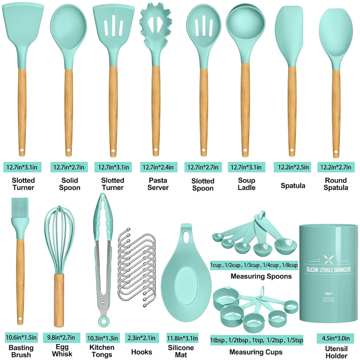 Umite Chef included holder and hooks for organized utensil storage.