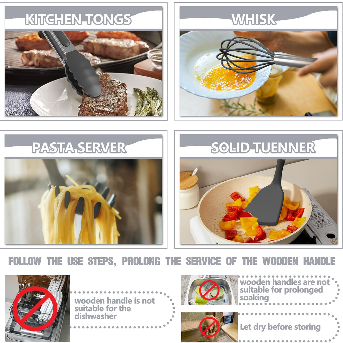 Umite Chef wooden-handle silicone utensils stay cool and comfortable.