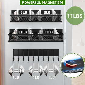 Umomi magnetic spice rack with hooks keeps utensils within reach and reduces clutter.