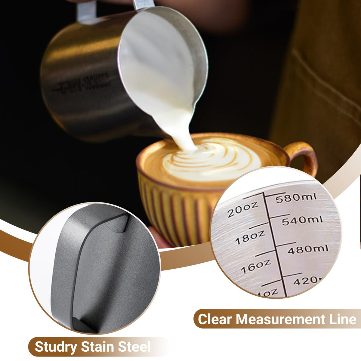 UMUACCAN milk frothing pitcher 350ml stainless steel body for easy cleaning.