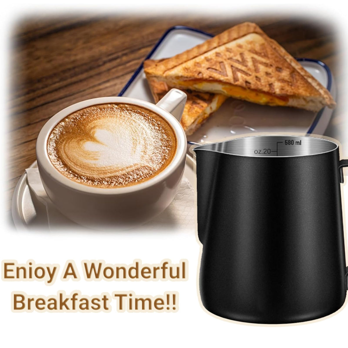 UMUACCAN milk frothing pitcher 600ml with narrow mouth for artful latte patterns.