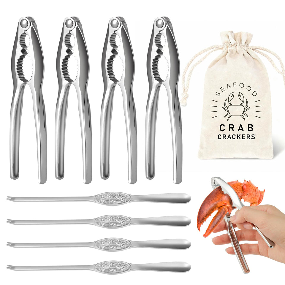 UNBOXING MOMENTS 8-piece lobster cracker set with storage bag for easy seafood prep.