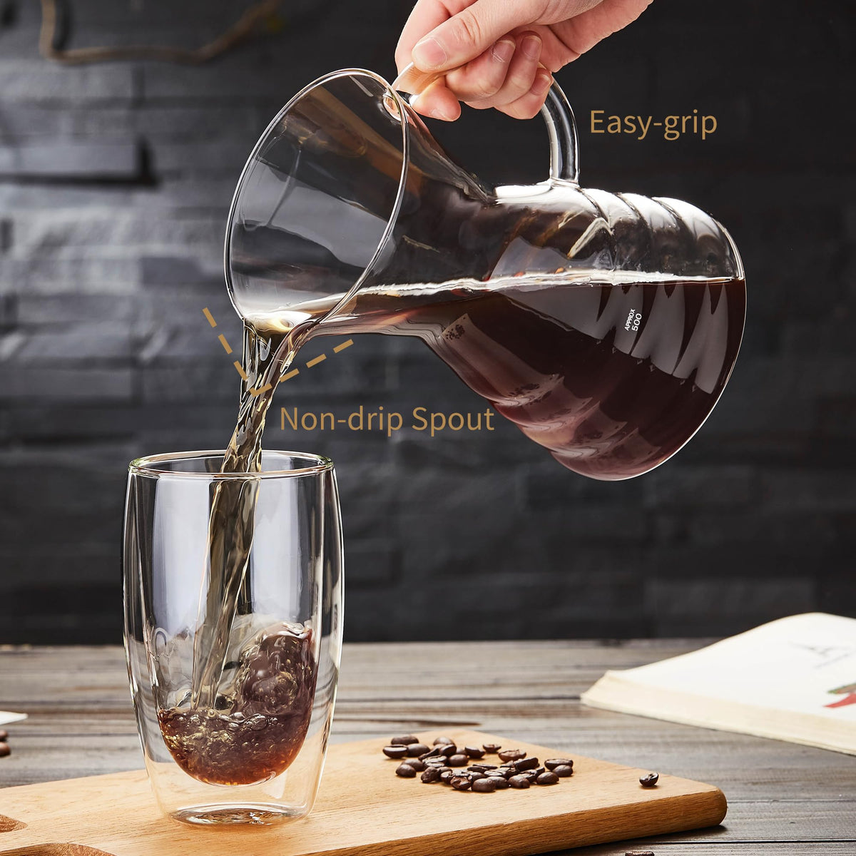 Unbreakable borosilicate glass drip highlights sturdy, heat-resistant design for daily use.