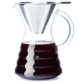 Unbreakable pour over coffee maker with permanent filter ready for a clean, quick brew.